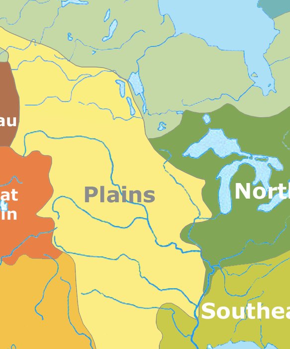 A map crop showing the Plains culture area in the centre of the continent