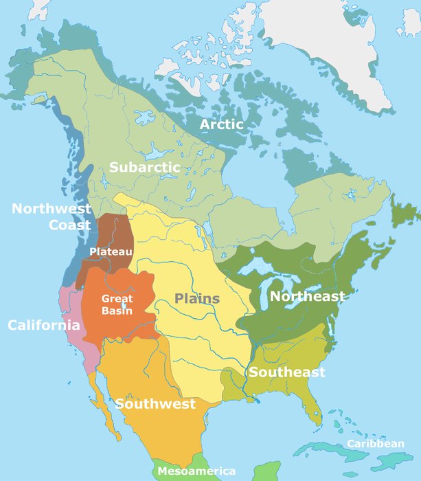 A map of North America shaded into named culture areas