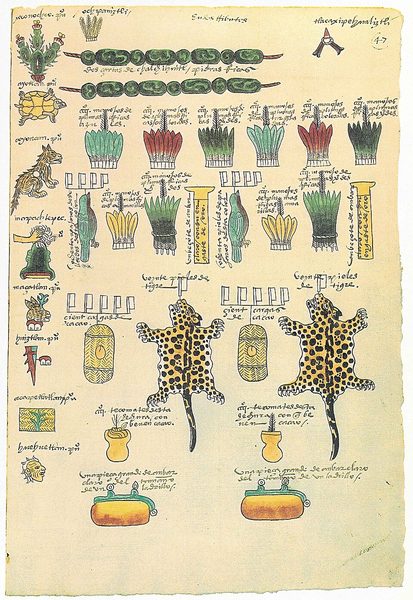 A manuscript page showing strings of jade beads, bundles of feathers, two spotted jaguar pelts and loads of cacao, with town symbols listed down the left margin