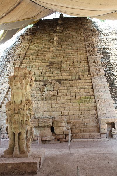 A wide stone staircase whose every step is carved with Maya glyph blocks, with a carved stela standing at its foot