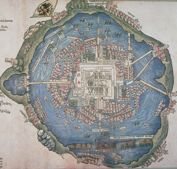 A 1524 woodcut map of an island city ringed by a lake, with four raised roads running out to the shore