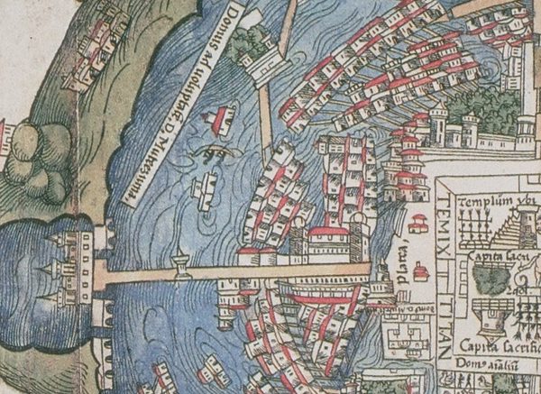 Detail of a woodcut map: a raised road runs straight across open water from a walled building on the shore into a city of houses