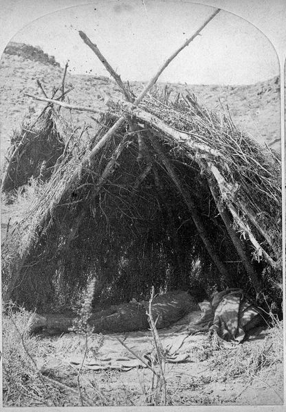 A domed shelter of branches and brush on dry open ground