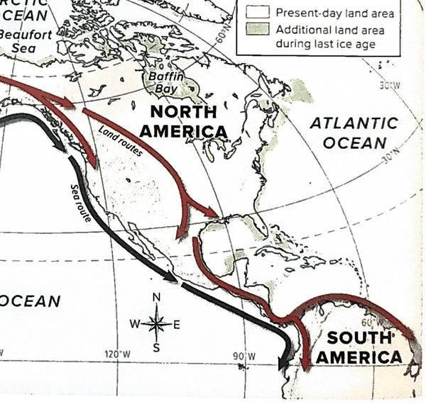 A map of the Americas with arrows tracing land routes and a sea route running south from Alaska