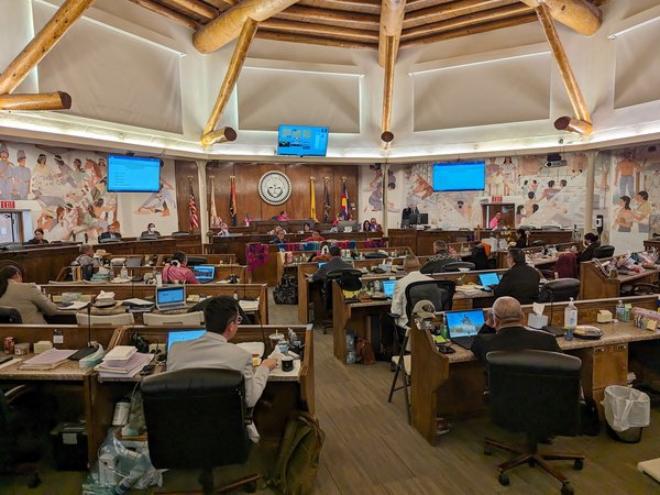 Delegates seated at desks in a round council chamber, with flags and a painted seal at the front